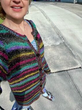 Vintage Multicolored bright stripped long sleeve knitted sweater/ cardigan